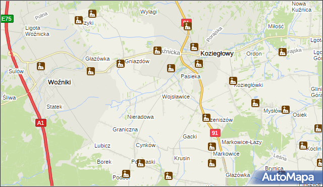 mapa Wojsławice gmina Koziegłowy, Wojsławice gmina Koziegłowy na mapie Targeo