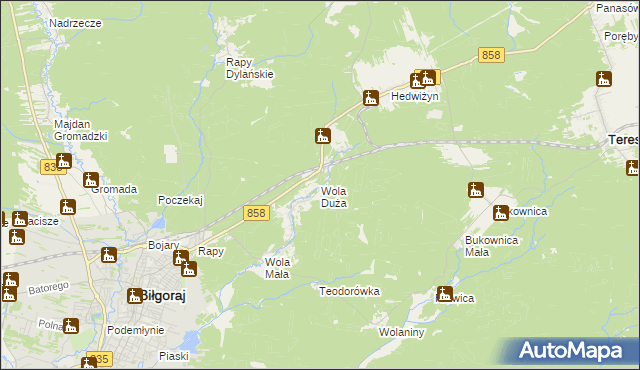 mapa Wola Duża gmina Biłgoraj, Wola Duża gmina Biłgoraj na mapie Targeo