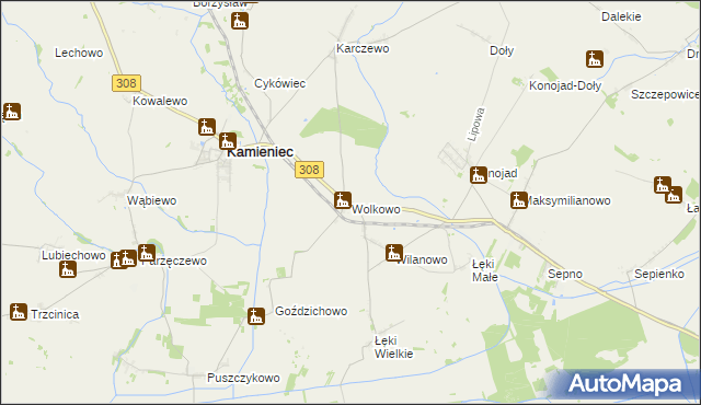 mapa Wolkowo gmina Kamieniec, Wolkowo gmina Kamieniec na mapie Targeo