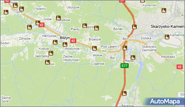 mapa Wołów gmina Bliżyn, Wołów gmina Bliżyn na mapie Targeo