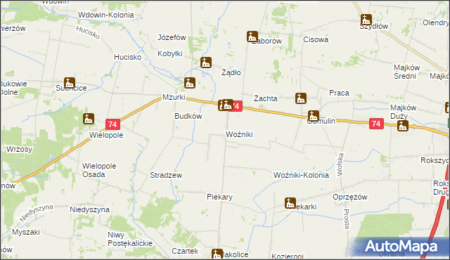 mapa Woźniki gmina Wola Krzysztoporska, Woźniki gmina Wola Krzysztoporska na mapie Targeo