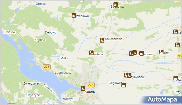 mapa Wróblów gmina Sława, Wróblów gmina Sława na mapie Targeo