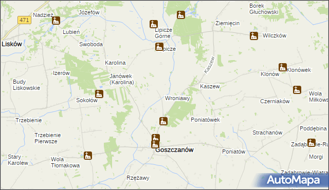 mapa Wroniawy gmina Goszczanów, Wroniawy gmina Goszczanów na mapie Targeo