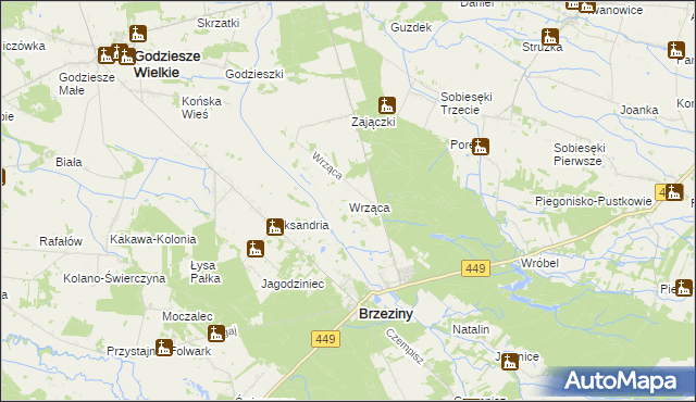 mapa Wrząca gmina Brzeziny, Wrząca gmina Brzeziny na mapie Targeo