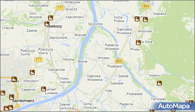 mapa Wrzawy gmina Gorzyce, Wrzawy gmina Gorzyce na mapie Targeo