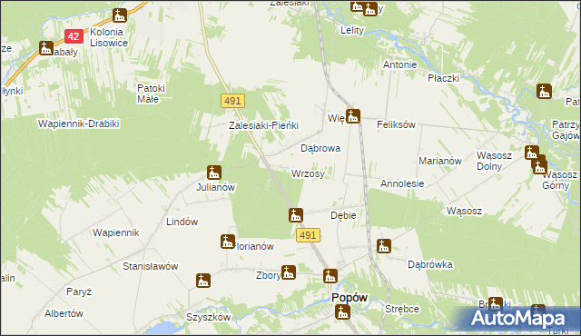 mapa Wrzosy gmina Popów, Wrzosy gmina Popów na mapie Targeo