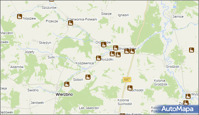 mapa Wyczółki gmina Wierzbno, Wyczółki gmina Wierzbno na mapie Targeo