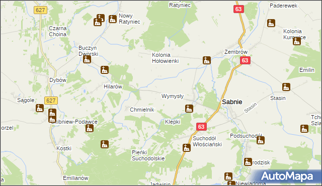 mapa Wymysły gmina Sabnie, Wymysły gmina Sabnie na mapie Targeo