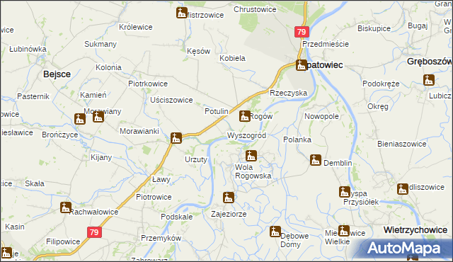 mapa Wyszogród gmina Opatowiec, Wyszogród gmina Opatowiec na mapie Targeo