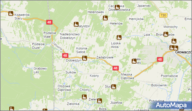 mapa Zadąbrowie gmina Głowaczów, Zadąbrowie gmina Głowaczów na mapie Targeo