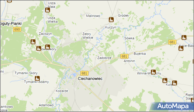 mapa Zadobrze gmina Ciechanowiec, Zadobrze gmina Ciechanowiec na mapie Targeo