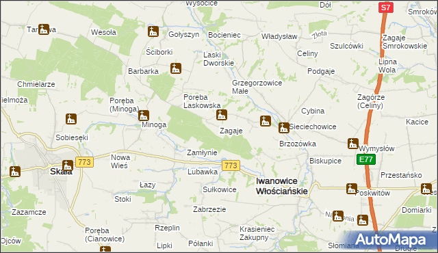 mapa Zagaje gmina Iwanowice, Zagaje gmina Iwanowice na mapie Targeo