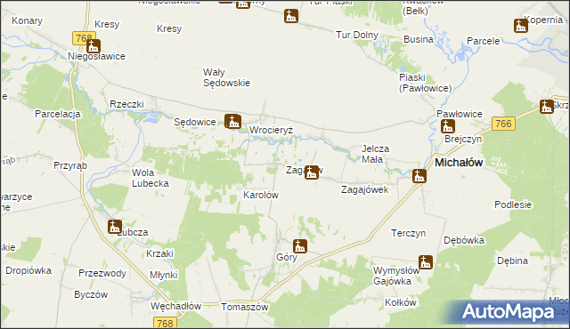 mapa Zagajów gmina Michałów, Zagajów gmina Michałów na mapie Targeo