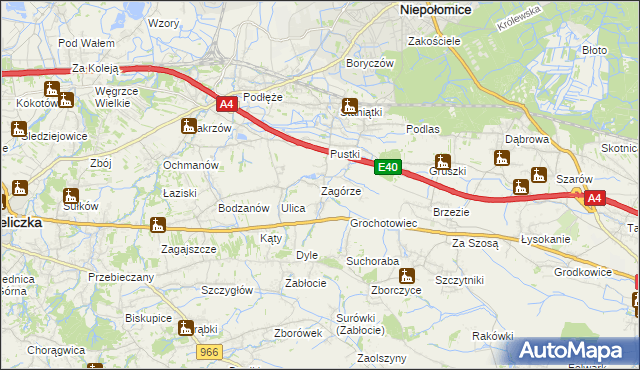 mapa Zagórze gmina Niepołomice, Zagórze gmina Niepołomice na mapie Targeo