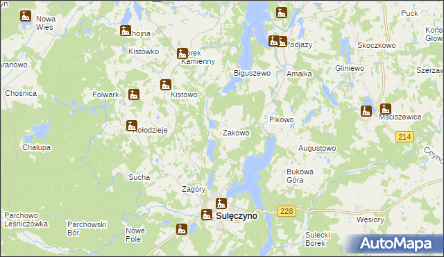 mapa Żakowo gmina Sulęczyno, Żakowo gmina Sulęczyno na mapie Targeo