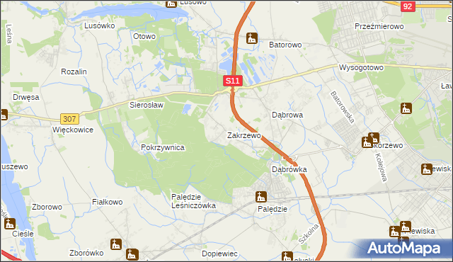 mapa Zakrzewo gmina Dopiewo, Zakrzewo gmina Dopiewo na mapie Targeo