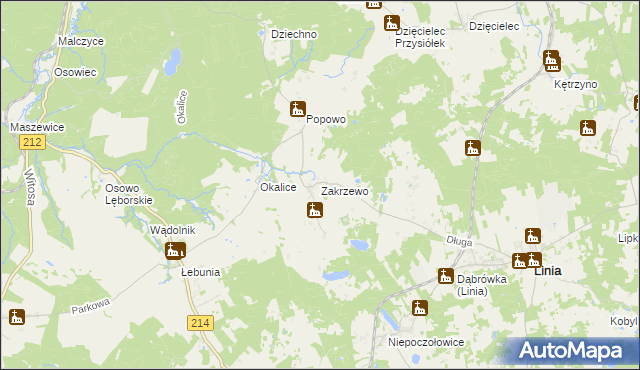 mapa Zakrzewo gmina Linia, Zakrzewo gmina Linia na mapie Targeo