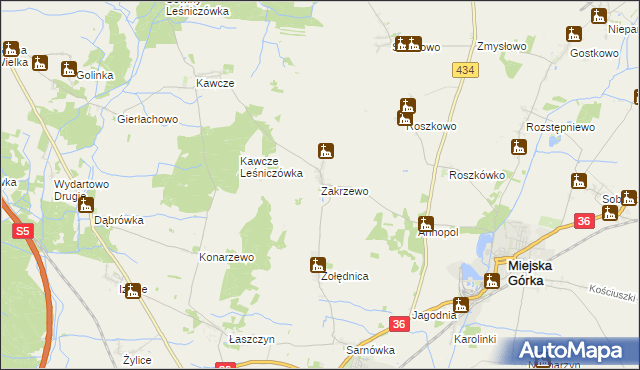 mapa Zakrzewo gmina Miejska Górka, Zakrzewo gmina Miejska Górka na mapie Targeo