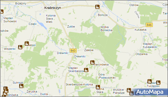 mapa Zalesie gmina Kraśniczyn, Zalesie gmina Kraśniczyn na mapie Targeo