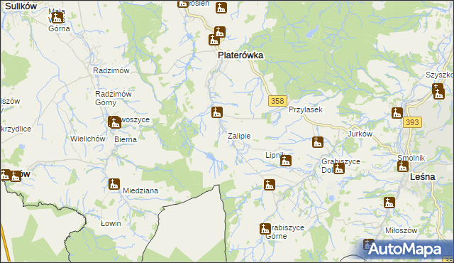mapa Zalipie gmina Platerówka, Zalipie gmina Platerówka na mapie Targeo