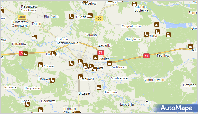 mapa Załuże gmina Szczerców, Załuże gmina Szczerców na mapie Targeo