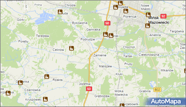 mapa Zamienie gmina Mińsk Mazowiecki, Zamienie gmina Mińsk Mazowiecki na mapie Targeo