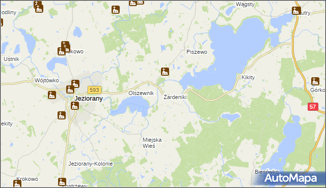 mapa Żardeniki gmina Jeziorany, Żardeniki gmina Jeziorany na mapie Targeo
