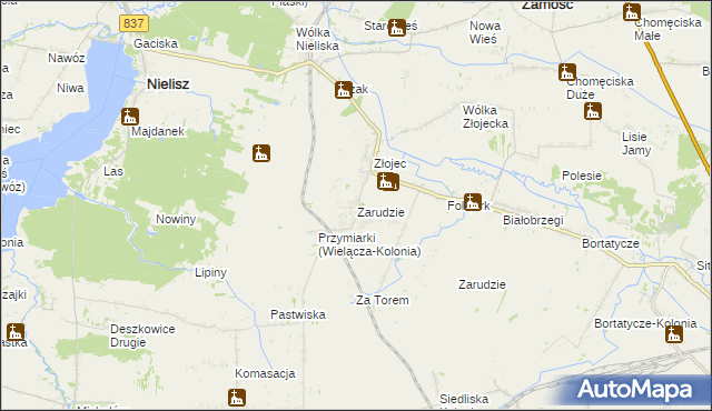 mapa Zarudzie gmina Nielisz, Zarudzie gmina Nielisz na mapie Targeo