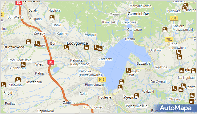 mapa Zarzecze gmina Łodygowice, Zarzecze gmina Łodygowice na mapie Targeo
