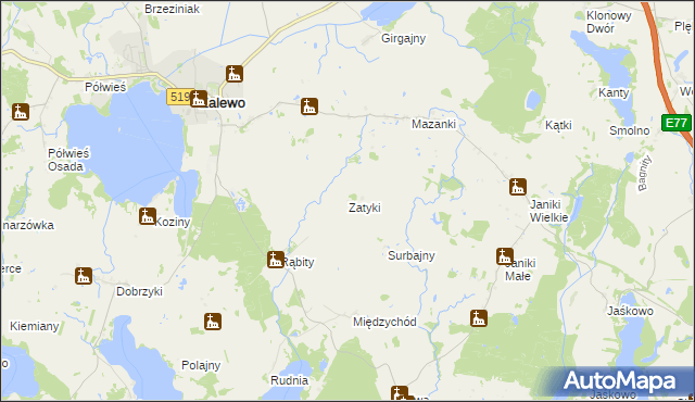 mapa Zatyki gmina Zalewo, Zatyki gmina Zalewo na mapie Targeo