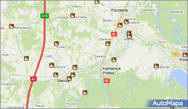 mapa Zawada gmina Kamienica Polska, Zawada gmina Kamienica Polska na mapie Targeo