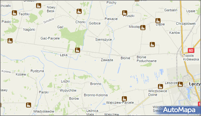 mapa Zawada gmina Łęczyca, Zawada gmina Łęczyca na mapie Targeo
