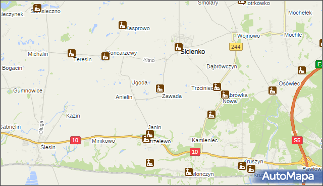 mapa Zawada gmina Sicienko, Zawada gmina Sicienko na mapie Targeo
