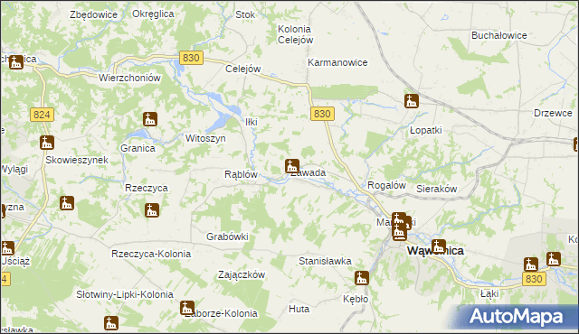 mapa Zawada gmina Wąwolnica, Zawada gmina Wąwolnica na mapie Targeo