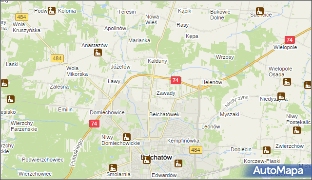 mapa Zawady gmina Bełchatów, Zawady gmina Bełchatów na mapie Targeo