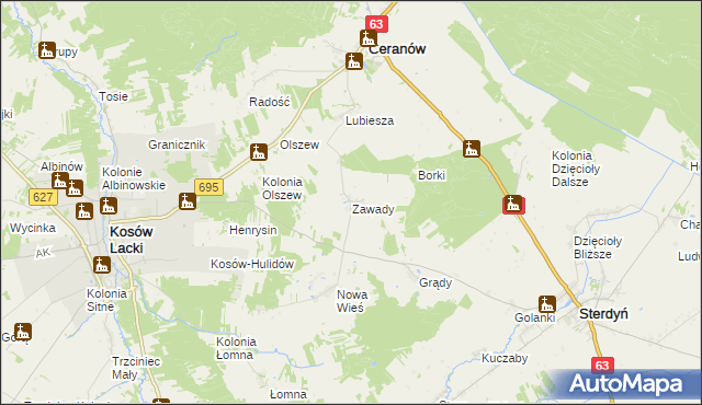 mapa Zawady gmina Ceranów, Zawady gmina Ceranów na mapie Targeo