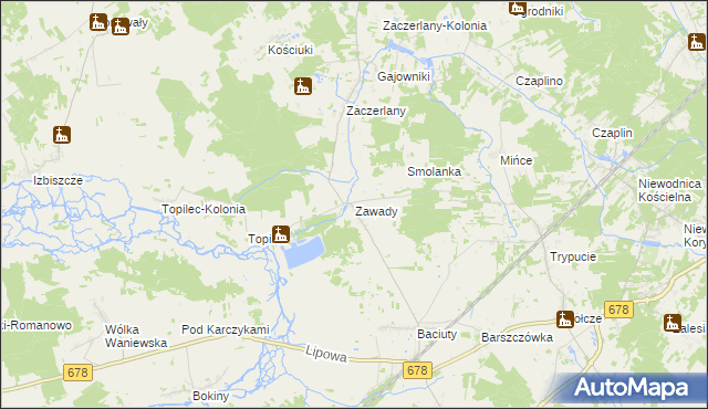 mapa Zawady gmina Turośń Kościelna, Zawady gmina Turośń Kościelna na mapie Targeo