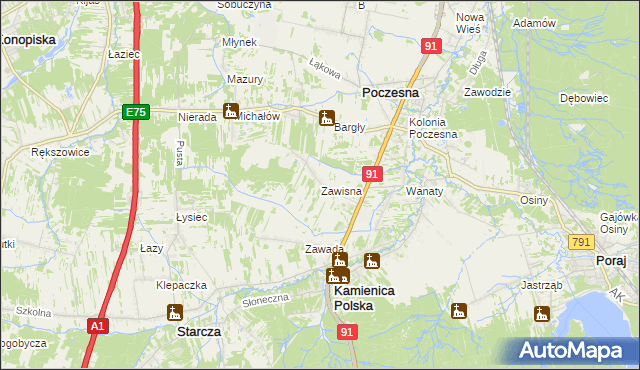 mapa Zawisna gmina Kamienica Polska, Zawisna gmina Kamienica Polska na mapie Targeo