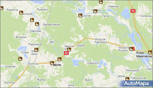 mapa Zbójno gmina Fałków, Zbójno gmina Fałków na mapie Targeo
