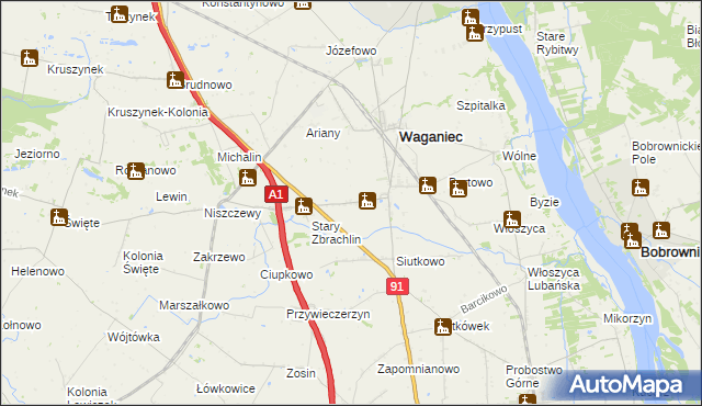 mapa Zbrachlin gmina Waganiec, Zbrachlin gmina Waganiec na mapie Targeo