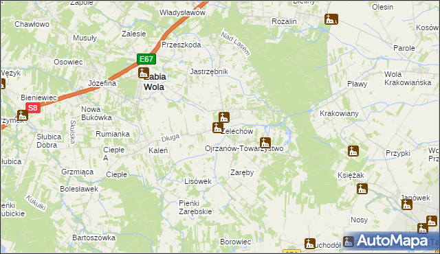 mapa Żelechów gmina Żabia Wola, Żelechów gmina Żabia Wola na mapie Targeo