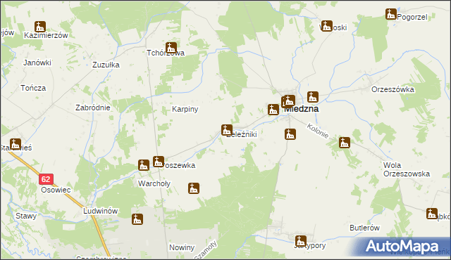 mapa Żeleźniki gmina Miedzna, Żeleźniki gmina Miedzna na mapie Targeo