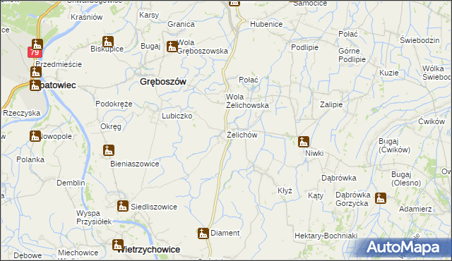 mapa Żelichów gmina Gręboszów, Żelichów gmina Gręboszów na mapie Targeo