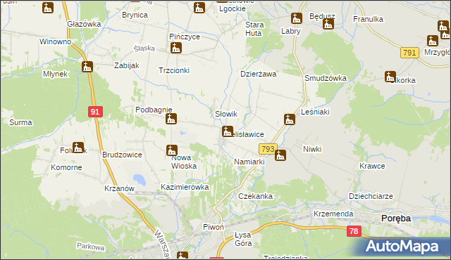 mapa Żelisławice gmina Siewierz, Żelisławice gmina Siewierz na mapie Targeo