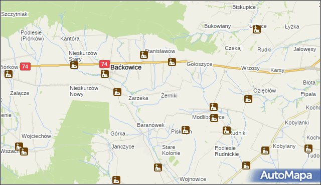 mapa Żerniki gmina Baćkowice, Żerniki gmina Baćkowice na mapie Targeo