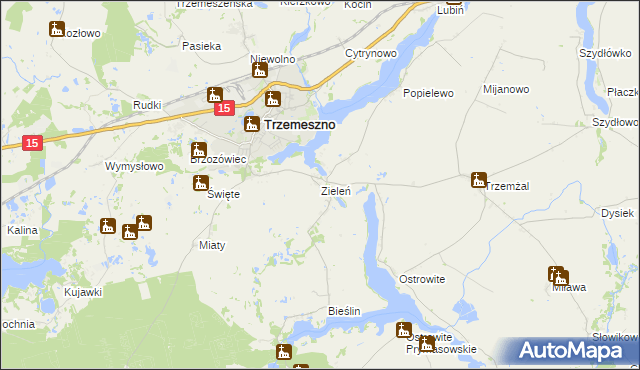 mapa Zieleń gmina Trzemeszno, Zieleń gmina Trzemeszno na mapie Targeo