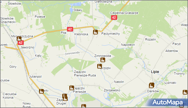 mapa Zimnowoda gmina Lipie, Zimnowoda gmina Lipie na mapie Targeo