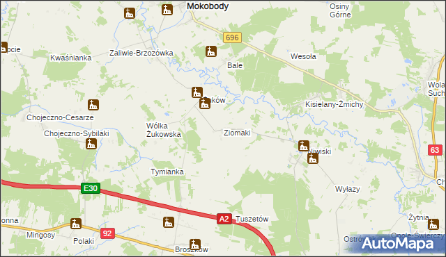 mapa Ziomaki gmina Mokobody, Ziomaki gmina Mokobody na mapie Targeo