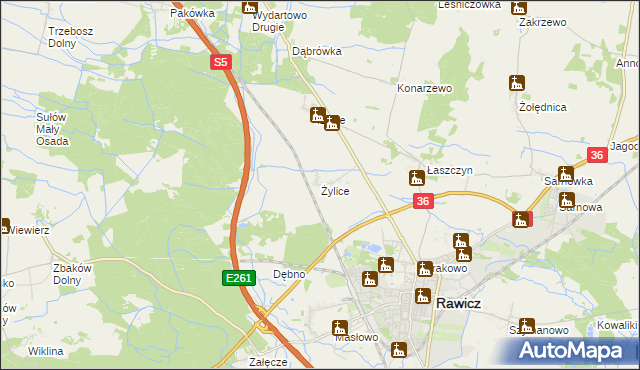 mapa Żylice gmina Rawicz, Żylice gmina Rawicz na mapie Targeo