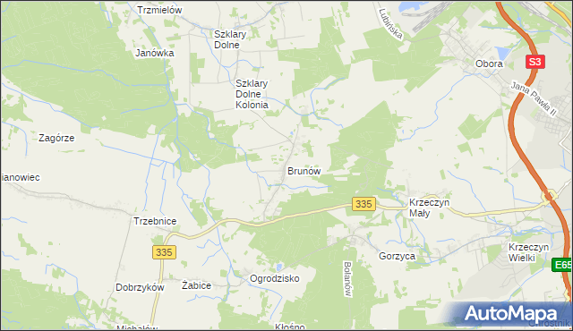 mapa Brunów gmina Chocianów, Brunów gmina Chocianów na mapie Targeo